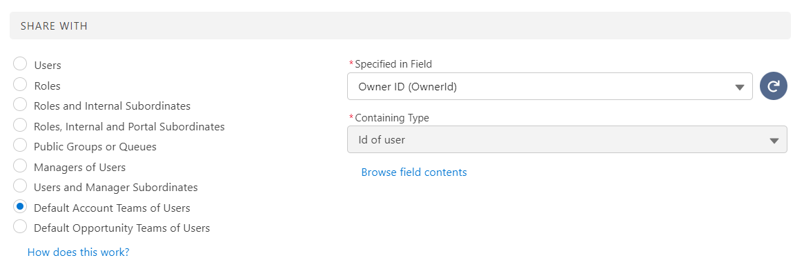Screenshot showing options available for default team sharing