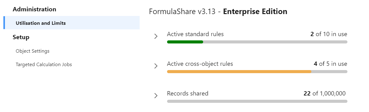 Screenshot of Utilisation and Limits setup page 