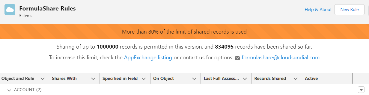 Screenshot showing warning displayed when limit of shared records is close